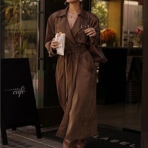 Jlux label chocolate elite brown faux suede maxi trench coat S *blogger*